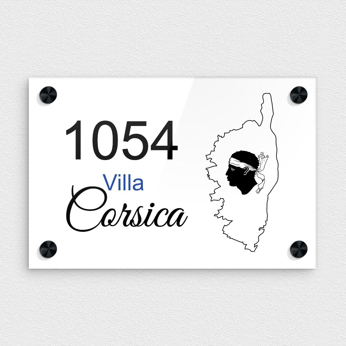 Numéro De Maison Corse Personnalisable – Plaque De Numéro De Rue Forme Corsica PVC Extérieur - Numéro Gravé – 20 X 10 Cm (Noir Texte Jaune